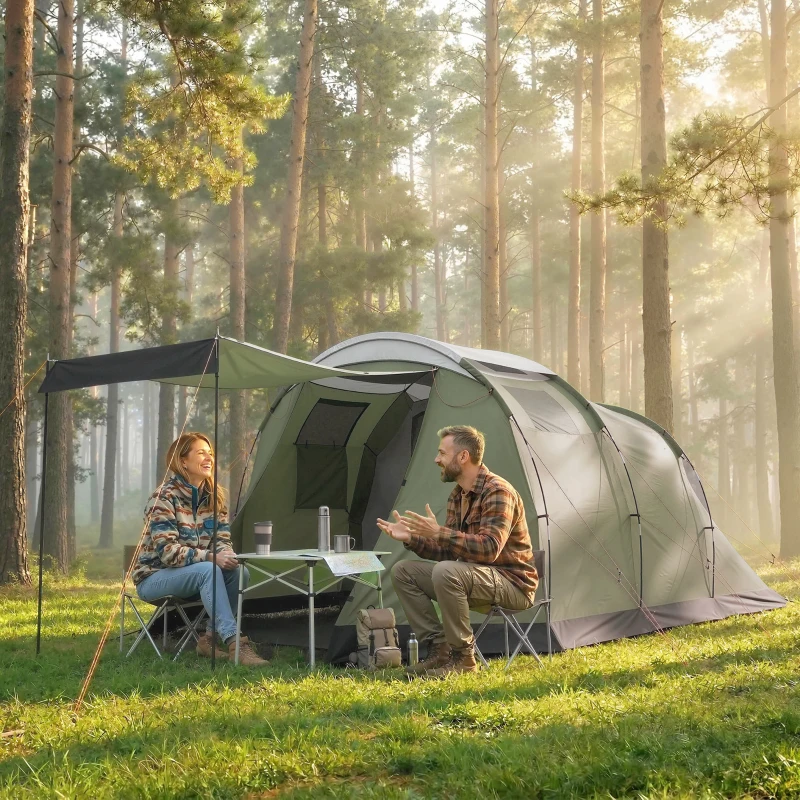 Outsunny Campingtent voor 3-4 personen stevig 3000 mm waterdicht familietent met slaapcabine voortent leefruimte Groen