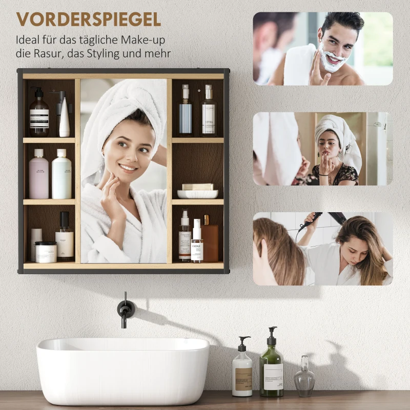 HOMCOM Badezimmer-Spiegelschrank, 6 offene Fächer, 3-stufiges Regal, Wandmontage, Eiche