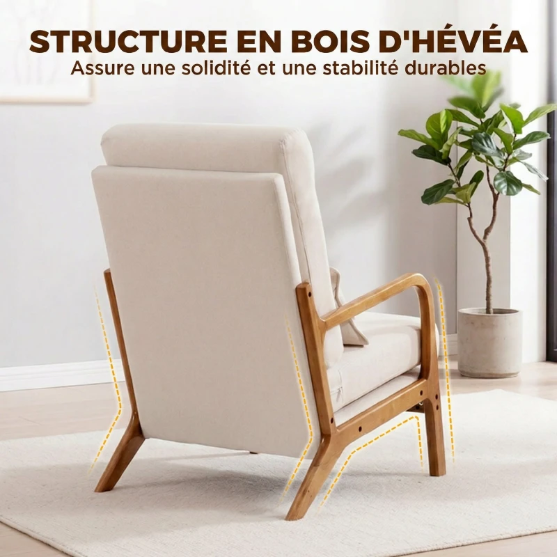 HOMCOM Fauteuil salon, fauteuil d'appoint rembourré en lin avec large assise, support lombaire, haut dossier, 64x86x93cm, crème