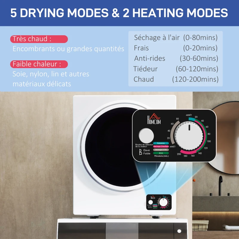 HOMCOM Sèche-Linge électrique portable 850W, capacité 33L 4 modes de fonctionnement, acier inoxydable, 49L x 40,5l x 60H cm