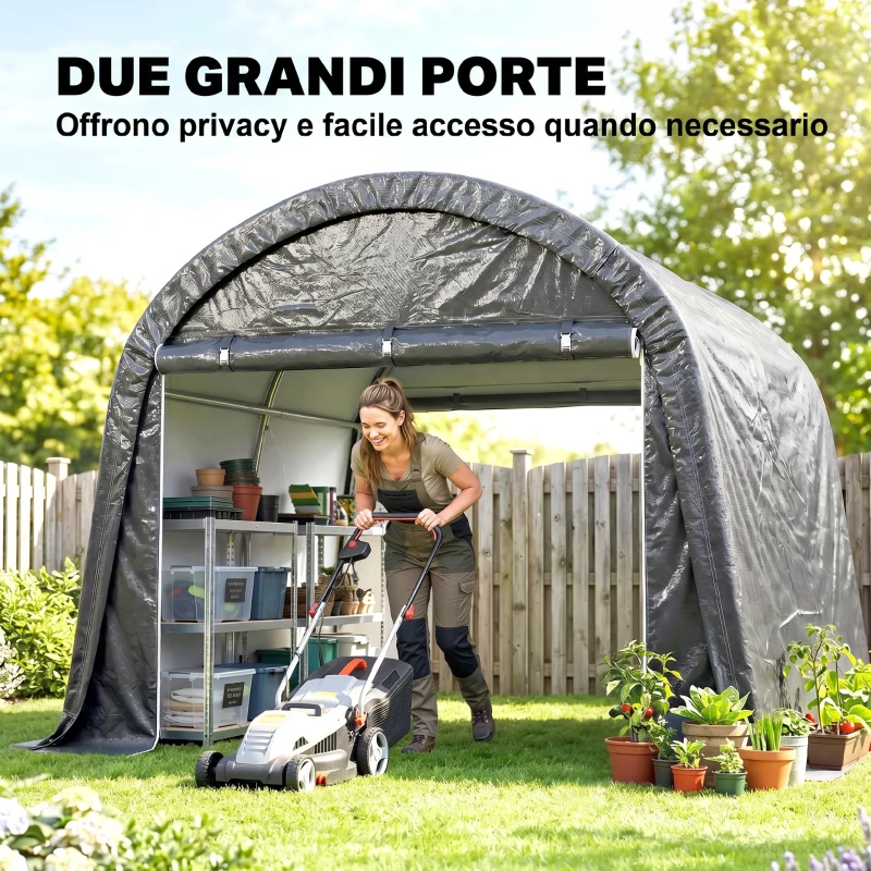 Outsunny Tendone da Giardino per Moto, Bici e Attrezzi con 2 Ingressi a Zip, in Acciaio e PE, 300x300x235 cm, Grigio