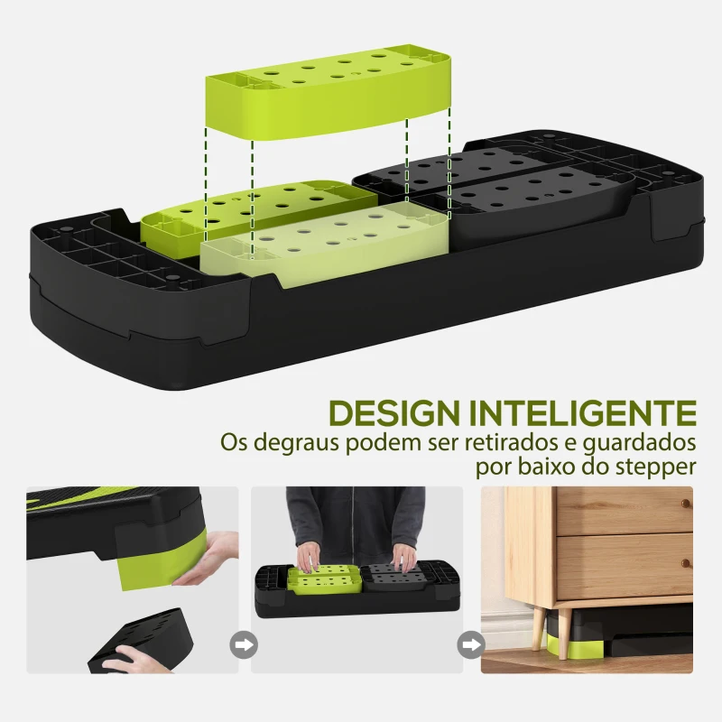 HOMCOM Step para Exercício Aeróbico Plataforma Step com Altura Ajustável em 3 Níveis 80x31x10-20 cm Verde e Preto