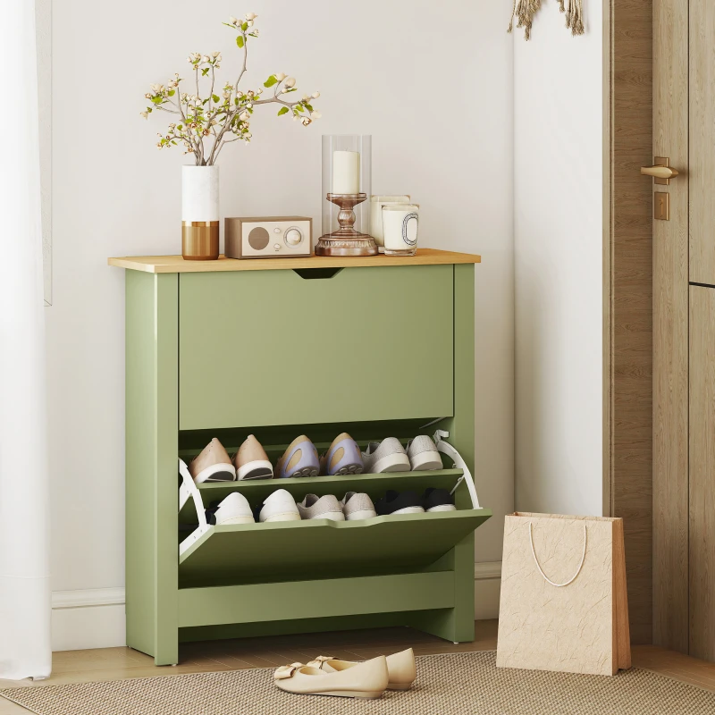 HOMCOM Meuble à chaussures 12 paires, armoire à chaussures étroite avec 2 tiroirs rabattables et étagères réglables, vert