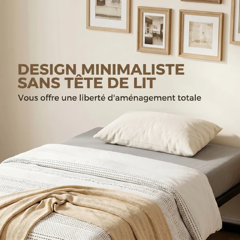 HOMCOM Cadre de lit 90 x 200 cm avec sommier en métal, lit simple avec rangement au-dessous, sans bruit, montage facile, noir