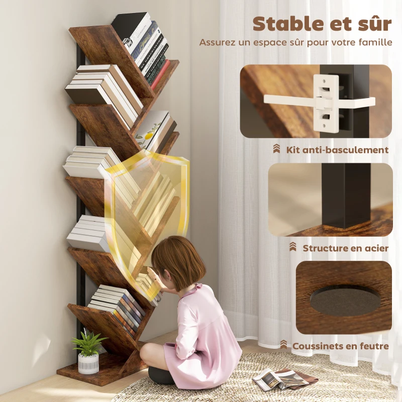 HOMCOM Bibliothèque Arbre à 9 Niveaux, Meuble de Rangement Industriel avec Cadre en Acier, 50x24x136cm, Brun Rustique