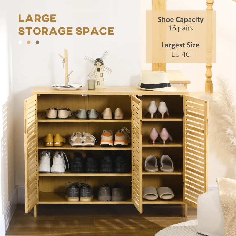 HOMCOM Rustic Shoe Cabinet, 3 Door Shoe Storage Cabinet with 8 Shelves, Natural Wood Finish