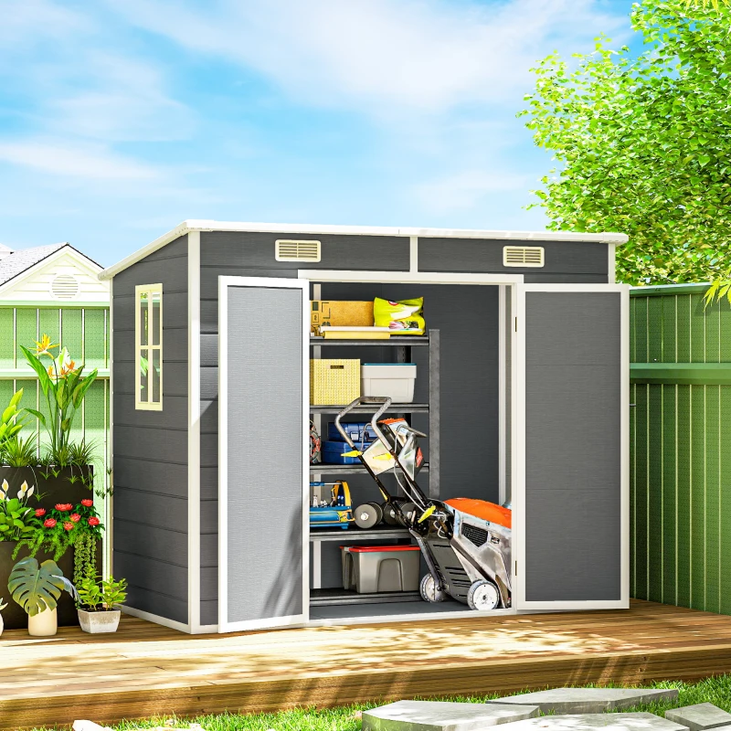 Outsunny Abri de jardin extérieur 2,4 x 1,3 m, en résine avec plancher, fenêtre, portes verrouillables et aérations, gris