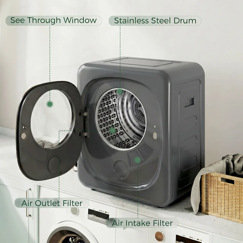 HOMCOM 4 kg Wasdroger, compact ontwerp, 5 modi, timer, Grijs+Zwart