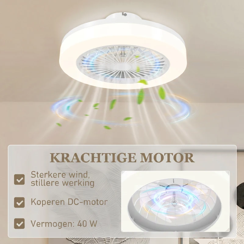 HOMCOM Plafondventilator met LED-Lamp, 6 Snelheden, Afstandsbediening, Wit