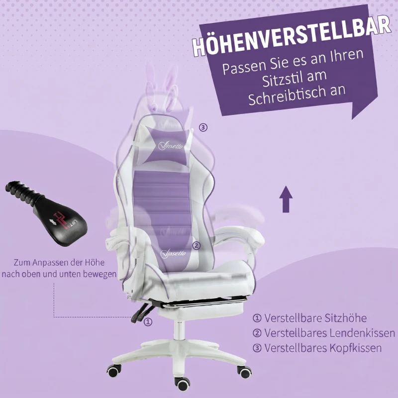 Vinsetto Scaun Gaming cu Urechi de Iepuraș, Suport pentru Picioare, Perne, Reglabil și Reclinabil, Mov