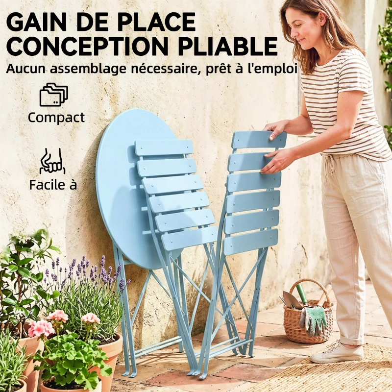 Outsunny Ensemble Bistrot de Jardin 3 Pièces Table et 2 Chaises Pliantes à Lattes Double Protection Antirouille Bleu Clair