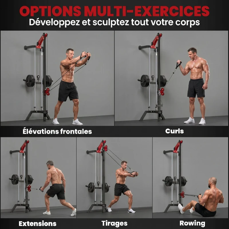 SPORTNOW Station de Musculation à Poulie Machine à Câble LAT Fixation Murale Charge de Poids Personnalisable 85x68x210cm Noir