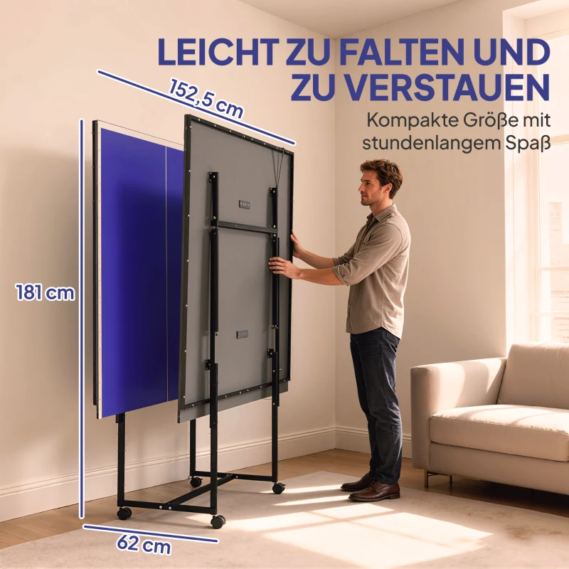 SPORTNOW Tischtennisplatte, klappbar, mobil, 2 Schläger, 3 Bälle, Metallrahmen, 274x152,5x76 cm, Blau