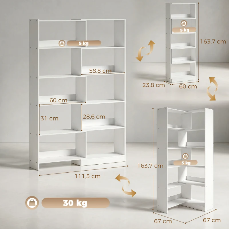 HOMCOM Estante Expansível 5 Níveis Estante para Livros Giratória 350° Largura Ajustável Convertível em L Reta ou Compacta 111,5x23,8x163,7 cm Branco