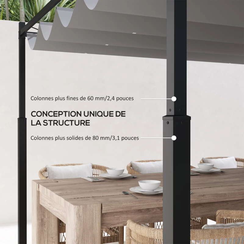 Outsunny Pergola de jardin exterieur 3 x 3 m avec toit rétractable et fixation magnétique, abri soleil UPF30+, gris