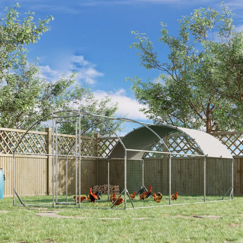 PawHut Grand enclos poulailler 15,96 ㎡ parc grillagé toit anti-UV porte verouillable 2,8 x 5,7 x 1,97 m argenté