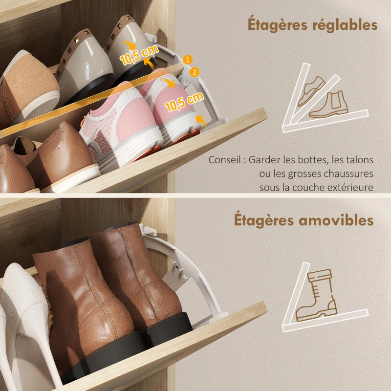 HOMCOM Meuble à chaussures 12 paires, armoire à chaussures, 2 tiroirs rabattables, portes en rotin et étagères réglables, chêne