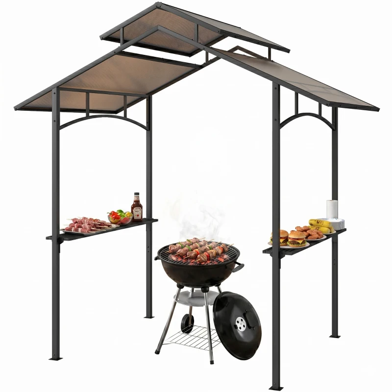 Outsunny Grillpaviljoen met vlambeschermend dak 2,5 x 1,5 m BBQ-paviljoen met 2 planken stalen PC