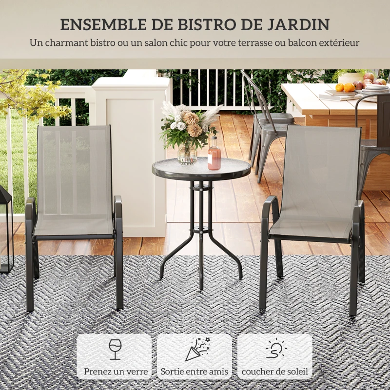 Outsunny 3 pièces salon de jardin extérieur ensemble de meubles 2 fauteuils empilables table basse dessus verre trempé gris clair