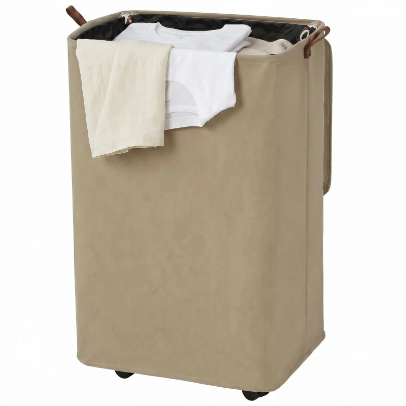 HOMCOM Wäschekorb mit Deckel und Rollen 50 l zusammenklappbarer Wäschekorb mit herausnehmbarer Kordeltasche 40x30x65 cm Camel