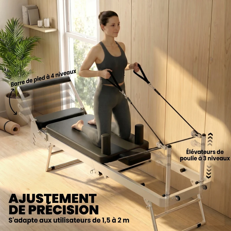 SPORTNOW Machine Reformer Pilates Pliable Système Hybride 4 Ressorts & 5 Cordes Silencieux Acier 195 x 56 x 88 cm Blanc