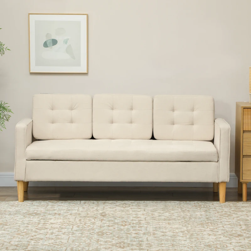 HOMCOM Canapé 3 places en flanelle de neige, canapé moderne avec rangement caché, dossier capitonné, 166,5 x 62 x 82 cm, crème