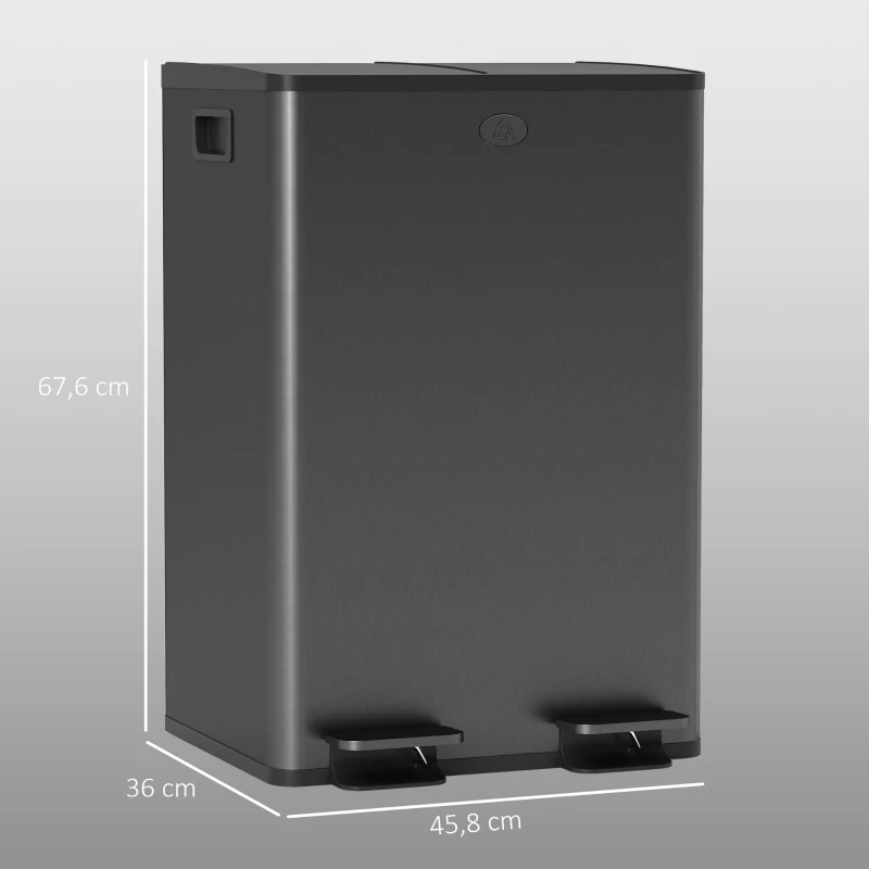 HOMCOM Poubelle de cuisine 2 compartiments de 2 x 28L, acier inoxydable, couvercle à fermeture douce, 45,8x36x67,6cm, noir