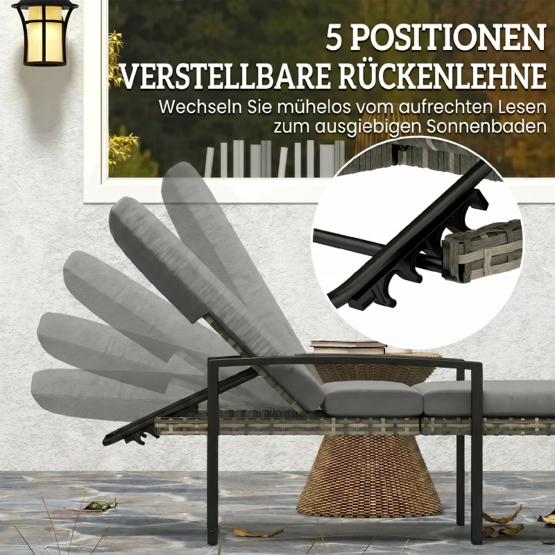 Outsunny 2er Set Sonnenliege Polyrattan Gartenliege mit 5-Fach verstellbar Rückenlehne Auflage bis 120kg Hellgrau