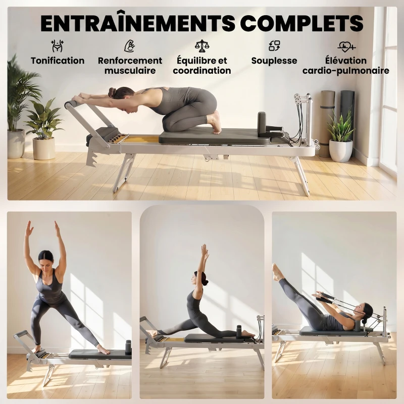 SPORTNOW Machine Reformer Pilates Pliable Système Hybride 4 Ressorts & 5 Cordes Silencieux Acier 195 x 56 x 88 cm Blanc