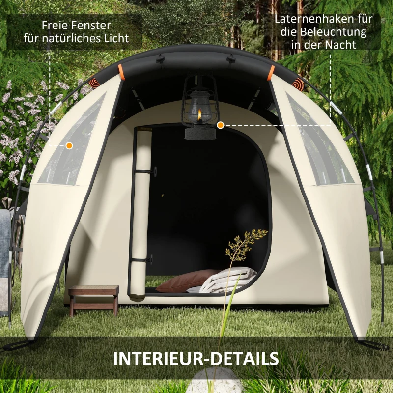 Outsunny Campingzelt für 4-5 Pers., abdunkelbare Fenster, wasserdicht, 180H x 460L x 230B cm, Khaki/Orange