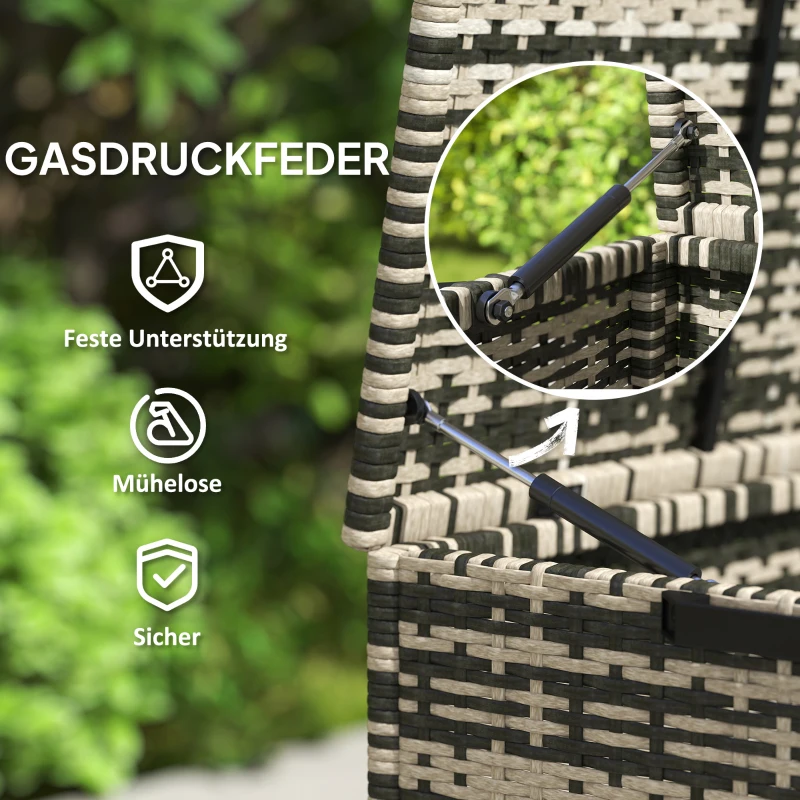 Outsunny Rattan Opbergbox 350L – Weerbestendige Kussenbox met Deksel, Gasveren en Handgrepen, UV-bestendig – Tuinbox voor Tuin, Terras of Balkon, 118x57x69 cm, Gemêleerd Grijs