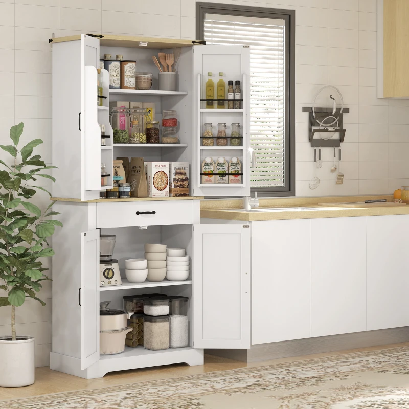 HOMCOM Armoire de cuisine buffet cuisine, 4 portes, 6 étagères à porte,1 tiroir et étagères réglables 76,5 x 40 x 181 cm blanc