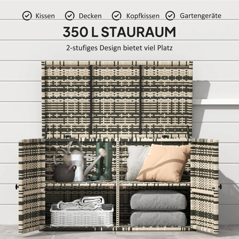 Outsunny Rattan Opbergbox 350L – Weerbestendige Kussenbox met Deksel, Gasveren en Handgrepen, UV-bestendig – Tuinbox voor Tuin, Terras of Balkon, 118x57x69 cm, Gemêleerd Grijs