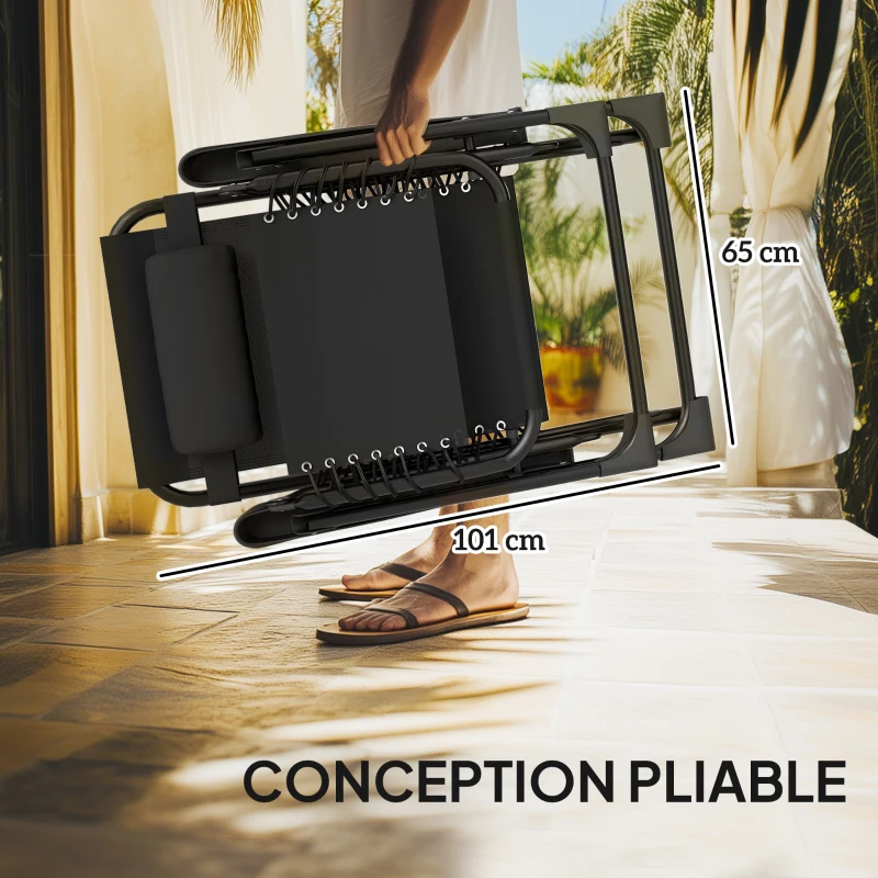 Outsunny Lot de 2 chaise longue pliable et inclinable avec table d'appoint, porte-gobelets et appuie-têtes, charge 120 kg, noir