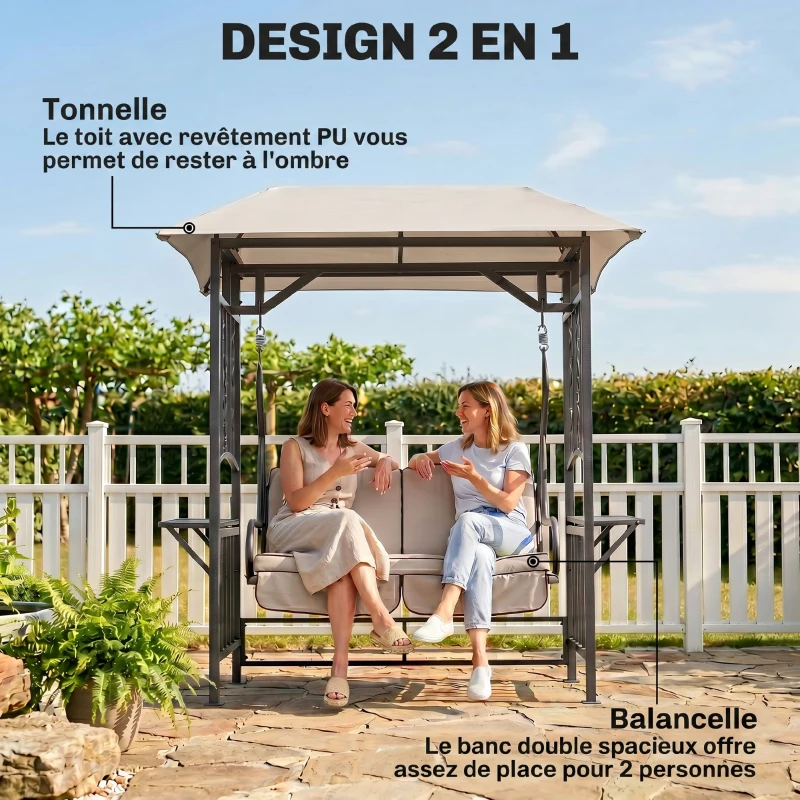 Outsunny Balancelle de Jardin 2 Places Style Colonial Grand Confort Matelas + tablettes Supports métal époxy Gris foncé Polyester Gris Clair