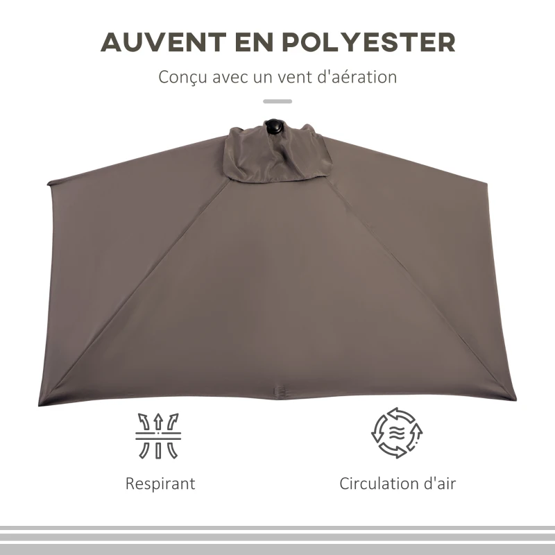 Outsunny Demi-parasol 2,7 x 1,4 m parasol de balcon ouverture fermeture manivelle, 5 entretoises métal, polyester 180 g/m², café