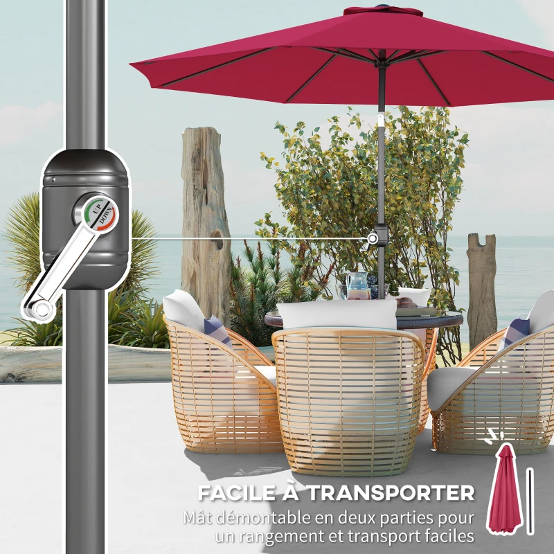 Outsunny Parasol de jardin extérieur Parasol droit inclinable Ø 3 m en métal Rond Polyester 180g/m² manivelle inclinable Bordeaux