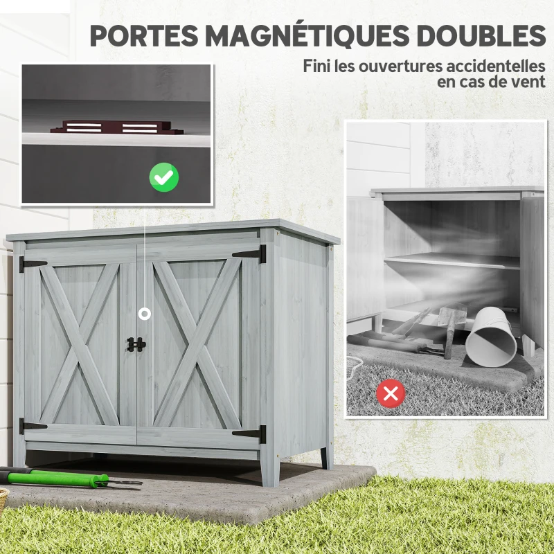 Outsunny Armoire de jardin en bois, placard de jardin en bois avec étagères et double portes, 110 x 60 x 88,5 cm, gris clair