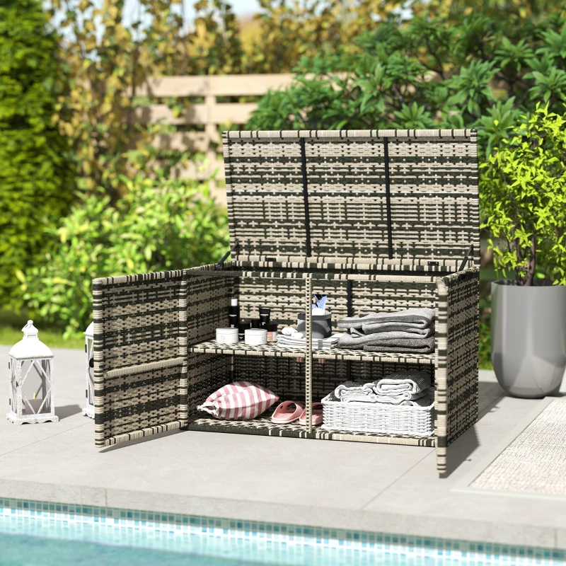 Outsunny Rattan Opbergbox 350L – Weerbestendige Kussenbox met Deksel, Gasveren en Handgrepen, UV-bestendig – Tuinbox voor Tuin, Terras of Balkon, 118x57x69 cm, Gemêleerd Grijs