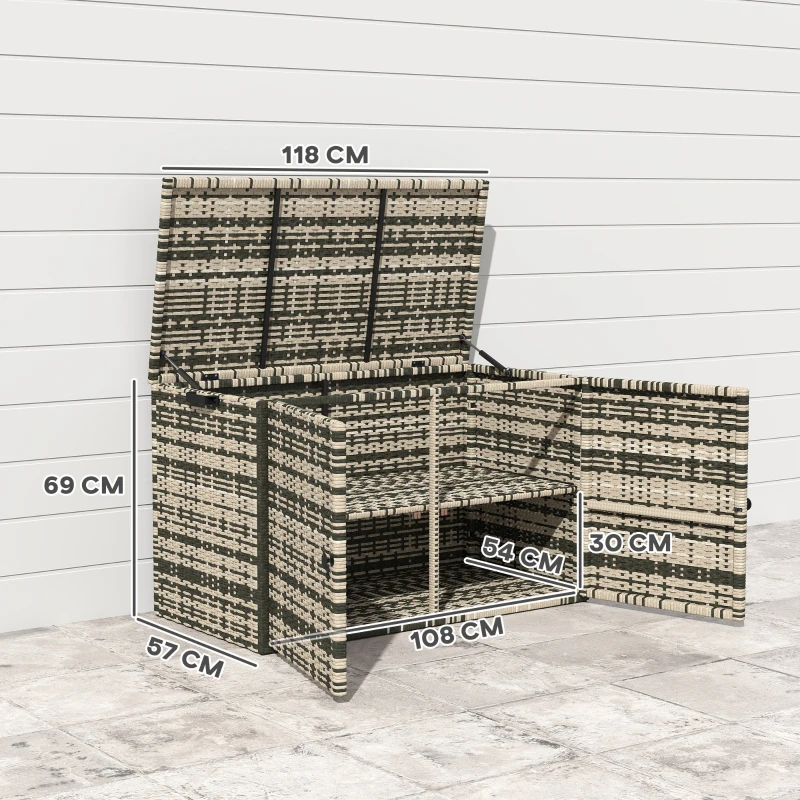 Outsunny Rattan Opbergbox 350L – Weerbestendige Kussenbox met Deksel, Gasveren en Handgrepen, UV-bestendig – Tuinbox voor Tuin, Terras of Balkon, 118x57x69 cm, Gemêleerd Grijs