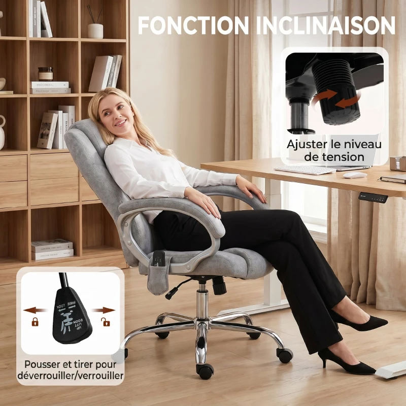 HOMCOM Fauteuil de Bureau Massant et Chauffant, Chaise de Bureau Ergonomique, Hauteur et Accoudoirs Réglables, Gris