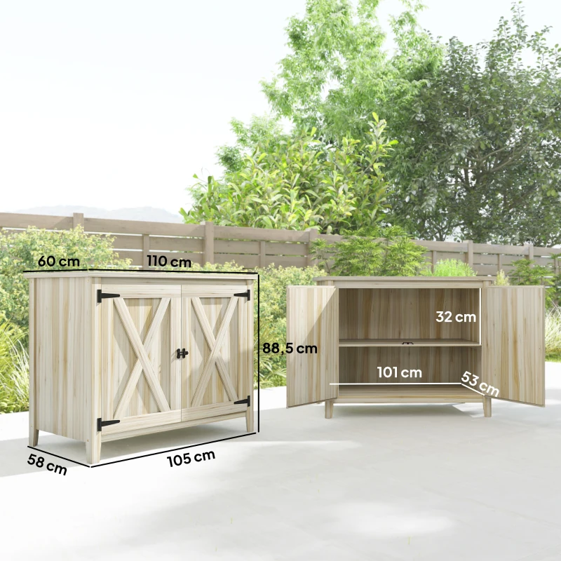 Outsunny Armoire de jardin en bois, placard de jardin en bois avec étagères et double portes, 110 x 60 x 88,5 cm, bois naturel