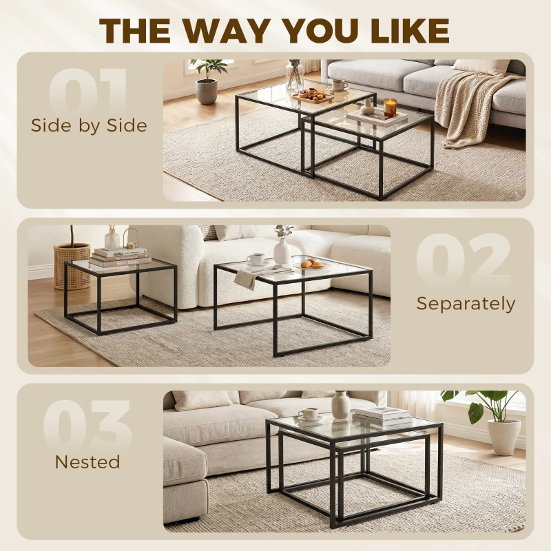 HOMCOM Salontafels 2-delig Ronde settafel met gehard glazen blad en metalen frame, voor woonkamer zwart