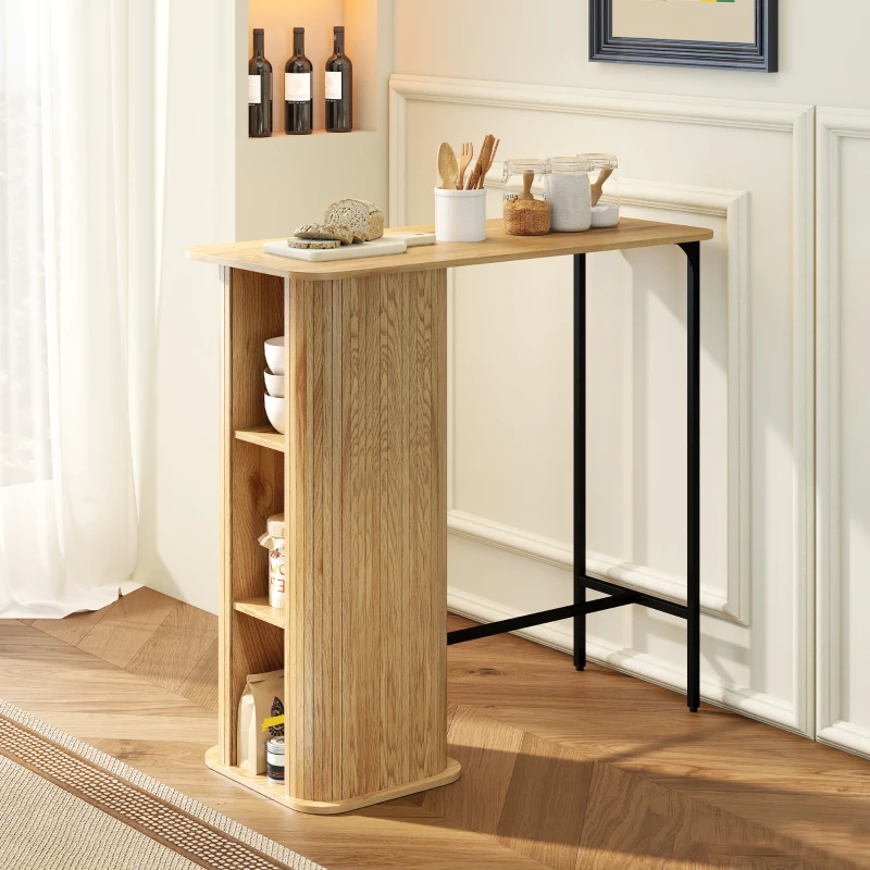 HOMCOM Table Haute Mange Debout, Table de Bar avec 3 Étagères de Rangement et Pieds en Métal, 112x50x106cm, Bois Naturel