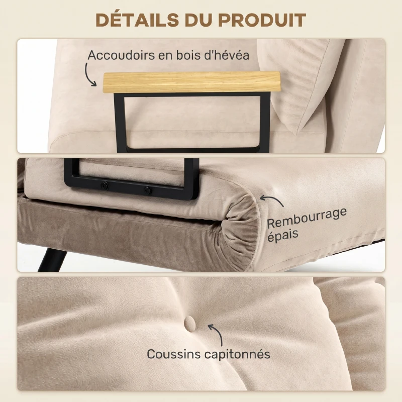 HOMCOM Canapé convertible 2 places avec dossier réglable à 5 niveaux et 2 coussins rembourrés, revêtement effet velours, beige