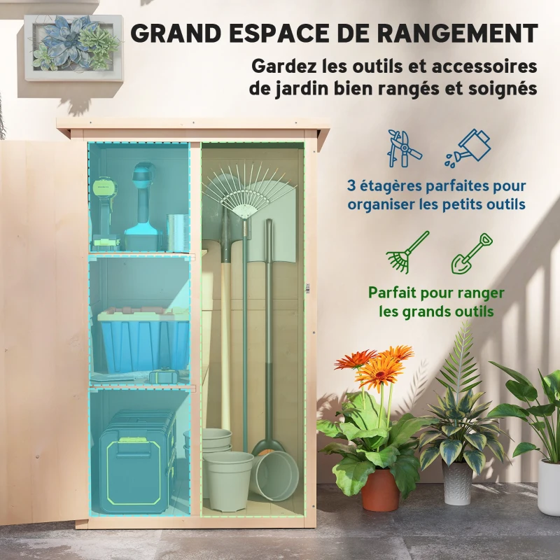 Outsunny Armoire abri de Jardin Remise pour Outils Bois de Sapin pré-huilé Toit bitumé incliné - Grande Porte verrouillable loquet - 2 étagères - dim. 75L x 56l x 115H cm