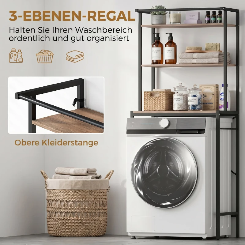 HOMCOM Wasmachinerek badkamerrek met droogstang, 3 niveaus voor badkamer, wasruimte, 67 x 40 x 161,8 cm, bruin
