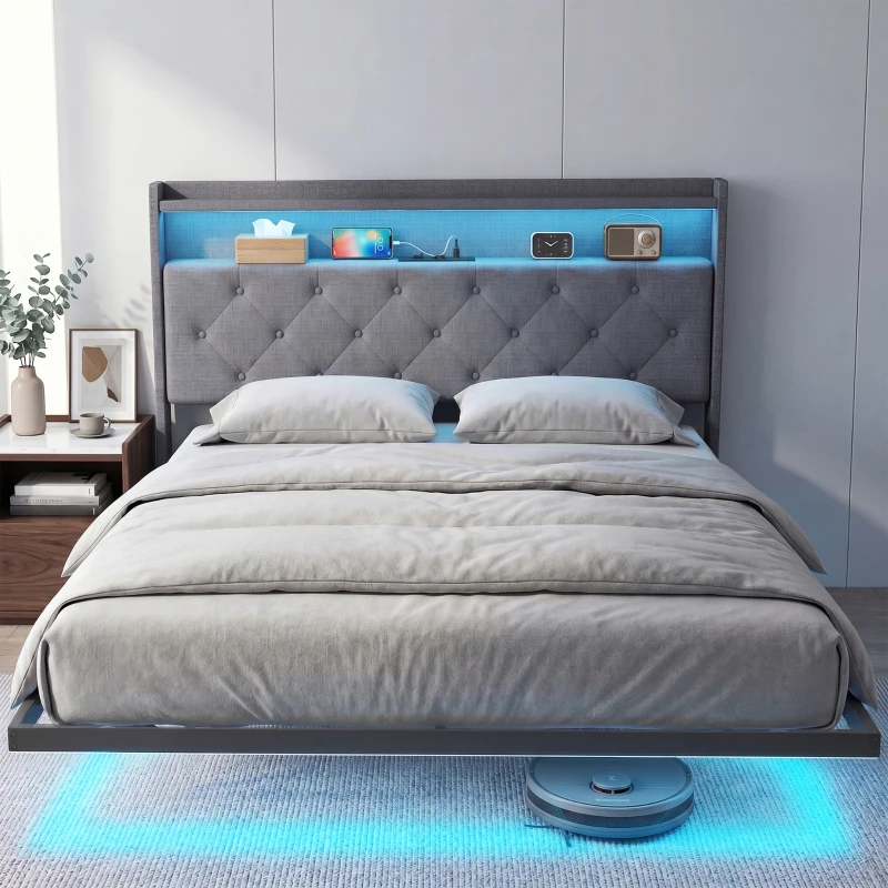 HOMCOM Cadre de lit 140 x 190 cm avec sommier acier, lit 2 personnes flottant avec lumières LED RGB et station de charge, gris