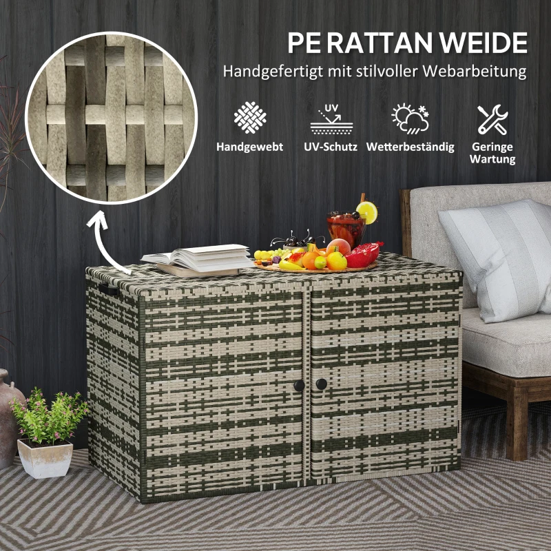 Outsunny Rattan Opbergbox 350L – Weerbestendige Kussenbox met Deksel, Gasveren en Handgrepen, UV-bestendig – Tuinbox voor Tuin, Terras of Balkon, 118x57x69 cm, Gemêleerd Grijs