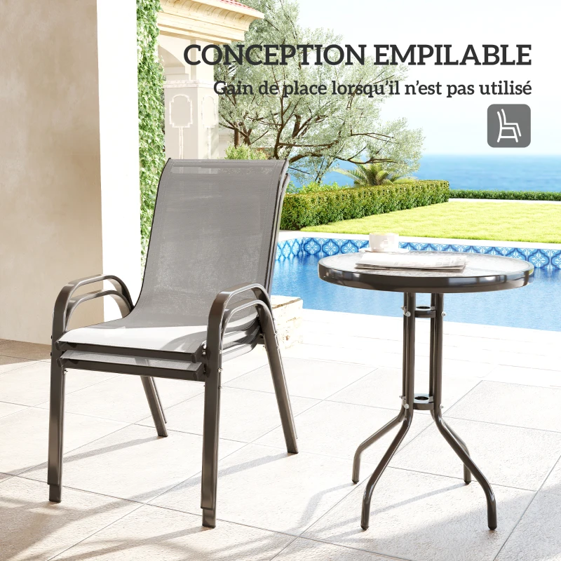 Outsunny 3 pièces salon de jardin extérieur ensemble de meubles 2 fauteuils empilables table basse dessus verre trempé gris clair